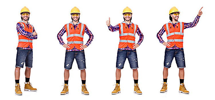 年轻,建筑工人,头盔,隔绝,白色背景,工头