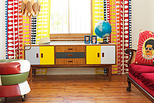 整修,50年代,餐具柜,仰视,窗户,彩色,图案,帘