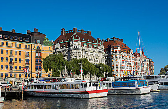 斯德哥尔摩,瑞典,漂亮,城市,市区,中心,天际线,水,船,建筑,游轮