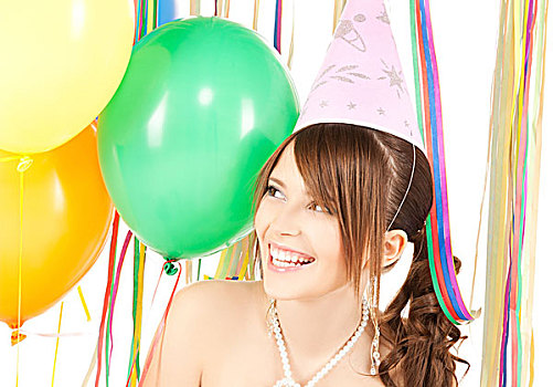 高兴,女孩,彩色,气球,聚会,帽