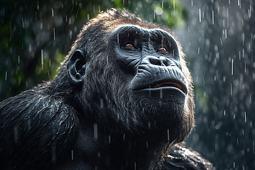 尼日利亚边境科罗斯河畔热带丛林雨中的银背大猩猩