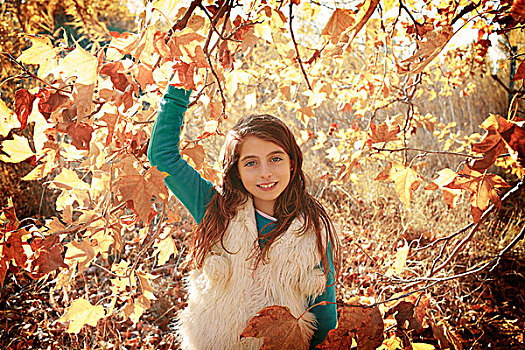 秋天,儿童,女孩,放松,树林,叶子