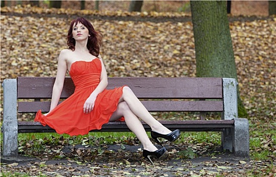 女孩,优雅,红裙,坐,长椅,秋天,公园