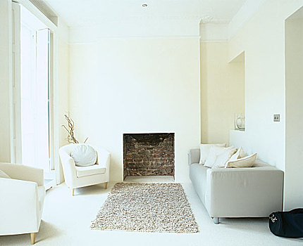 晴朗,现代,起居室,壁炉,沙发,软垫,扶手椅,质地,小地毯