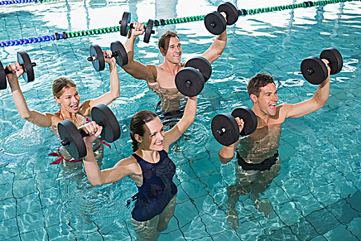 高兴,健身课,水,有氧运动,泡沫,哑铃