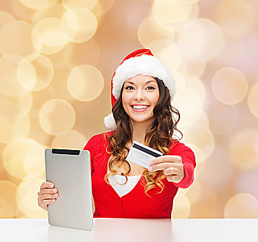 圣诞节,科技,购物,人,概念,微笑,女人,圣诞老人,帽子,平板电脑,电脑,信用卡,上方,米色,背景