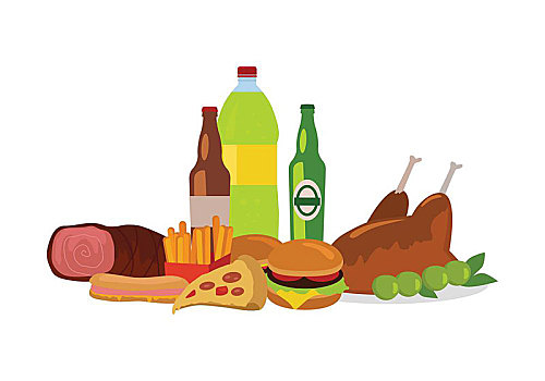 不良饮食,旗帜,隔绝,白色背景,背景,垃圾食品,高热量,营养,快餐,局部,序列,健康饮食,健身,矢量,插画