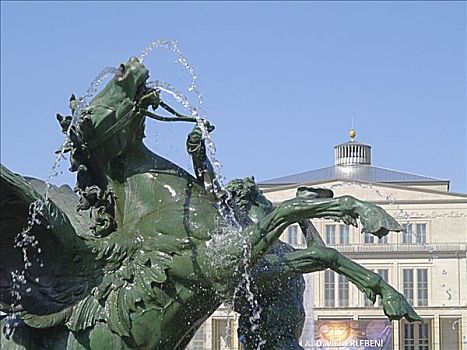 喷泉,地点,背景,剧院,莱比锡,萨克森,德国