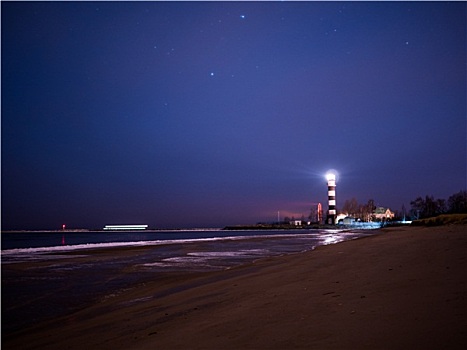 黑白,灯塔,夜晚,波罗的海,海滩