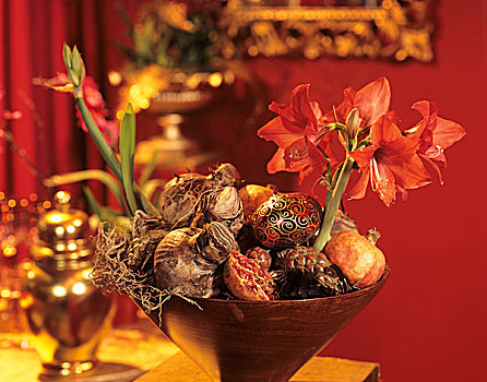 碗,孤挺花,石榴,洋葱,树装饰品