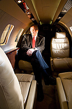 成熟,商务人士,坐,小,私人飞机,飞机