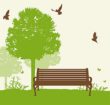 长椅,绿色,树,公园,矢量,插画