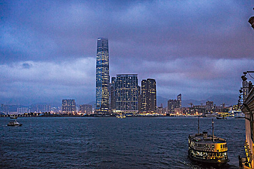城市,渡轮,夜晚,香港,中国