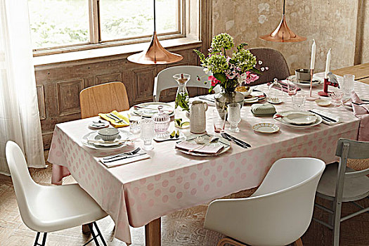 喜庆,桌子,优雅,瓷器,淡色调,粉色,斑点,桌布