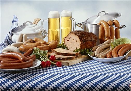 巴伐利亚,香肠,啤酒,桌布