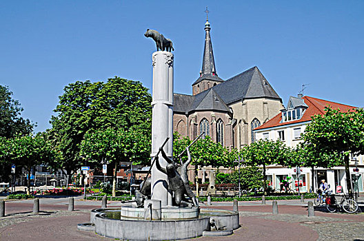 喷泉,教堂,市场,莱茵河,区域,北莱茵威斯特伐利亚,德国,欧洲