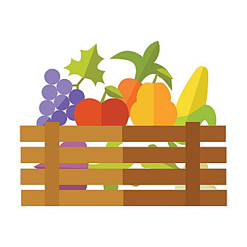 新鲜水果,蔬菜,市场,矢量,设计,递送,农场,商品,杂货店,种类,食物,饮食,概念,木盒,满,苹果,葡萄,梨,玉米,甜菜,萝卜,插画