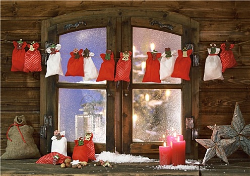 圣诞节,袋,蜡烛,星,窗边,窗格