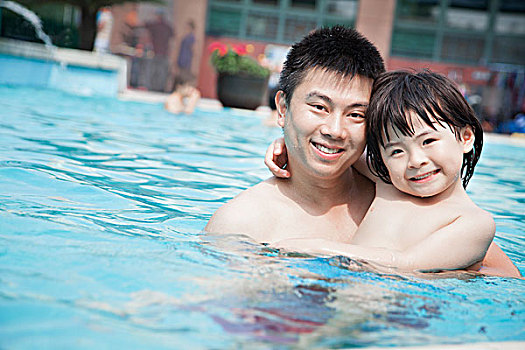 头像,微笑,父子,游泳池,度假