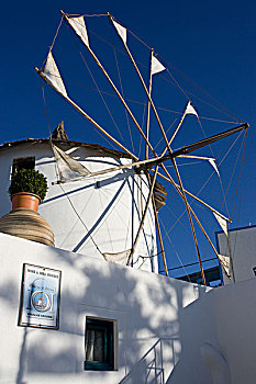 希腊,锡拉岛,白色,风车,蓝天