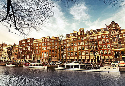 阿姆斯特丹,荷兰,生活方式,房子,运河,堤,晴天,普通,人,走,海岸