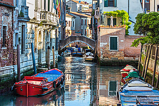 平和,风景,河船,停泊,运河,晴朗,早晨,威尼斯,意大利