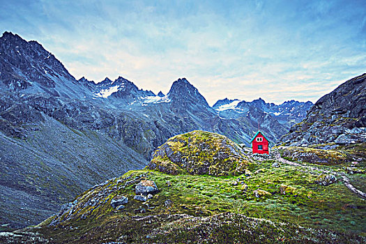 红色,小屋,山,阿拉斯加