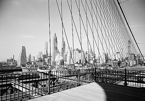 美国,纽约,下曼哈顿,天际线,风景,线缆,布鲁克林大桥