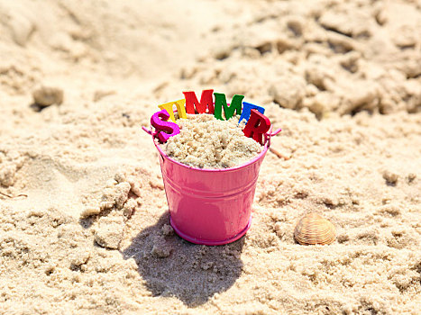 粉色,桶,沙子,铭刻,夏天