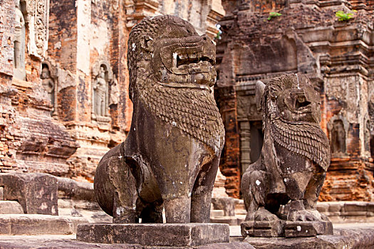 柬埔寨,区域,城市,收获,佛教寺庙,复杂,寺院,监护,塑像,狮子