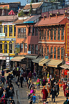 活泼,购物街,本地人,餐馆,纪念品,商店,走,博达哈大佛塔,佛塔,加德满都,尼泊尔,亚洲