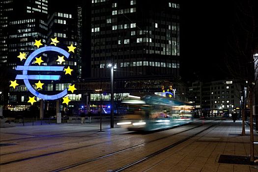欧元符号,夜晚,正面,欧洲,中央银行,法兰克福,黑森州,德国