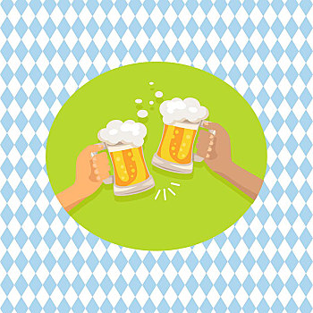 朋友,喝,啤酒,矢量,插画,拿着,两个,玻璃杯,方格,背景