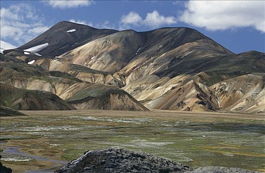 草地,正面,彩色,山景,流纹岩,兰德玛纳,南方,高地,冰岛,欧洲