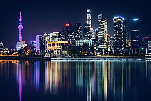 漂亮,上海,天际线,夜晚,现代,城市,背景