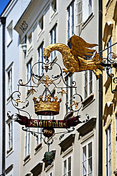 悬挂,标识,鹰,皇冠,餐馆,犹太,道路,萨尔茨堡,萨尔茨堡省,奥地利,欧洲