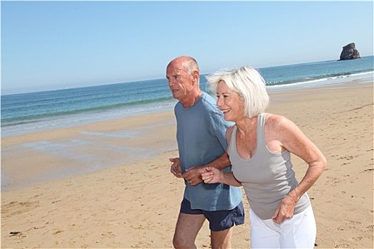 老年,夫妻,慢跑,沙滩