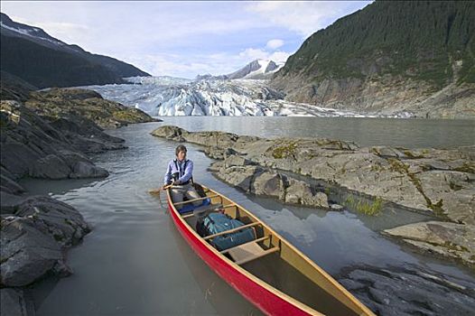 独木舟浆手,湖,夏天,靠近,棉田豪冰河