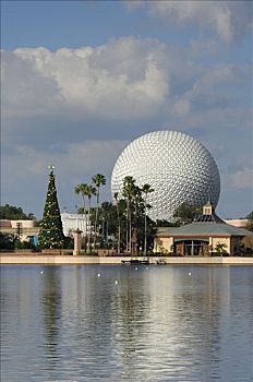地球仪,巨大,圣诞树,风景,湖,世界,展示,未来世界主题公园,迪斯尼世界,佛罗里达,美国