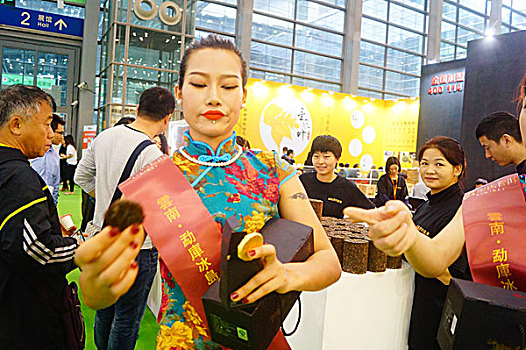 深圳茶博会,女模特热情推销茶叶