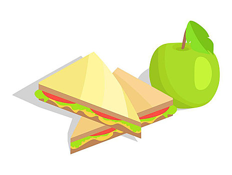 三角形,三明治,莴苣,青苹果,西红柿,奶酪,学校,餐食,象征,叶子,矢量,插画,隔绝,白色背景,健康食品