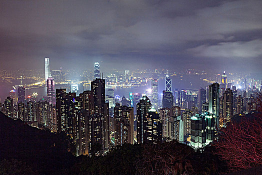 城市,摩天大楼,光亮,夜晚,香港,中国,东亚