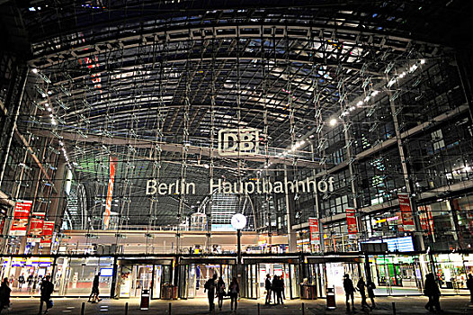 夜景,中央车站,地区,柏林,德国,欧洲