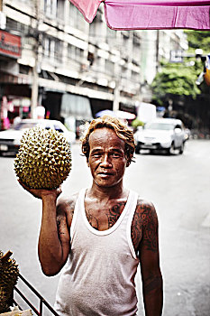 男人,销售,榴莲,水果,街上