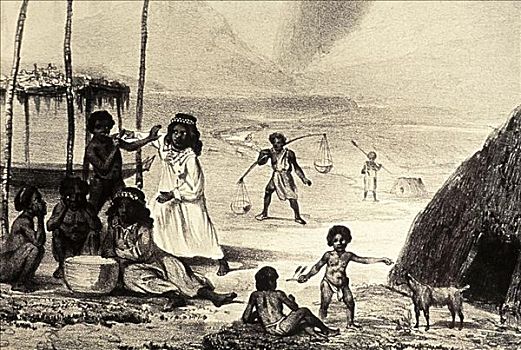 1838年,插画,夏威夷,瓦胡岛,檀香山,传统,乡村