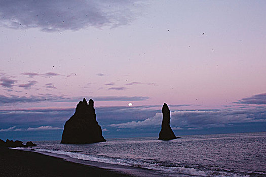 剪影,岩石构造,海岸线,日落,冰岛