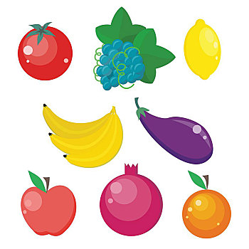 果蔬,矢量,设计,健康,素食,商品,西红柿,葡萄,柠檬,香蕉,茄子,苹果,石榴,橙色,插画,隔绝,白色背景,背景