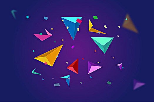 彩色悬浮的三角四面体与彩色碎片组成的多彩背景