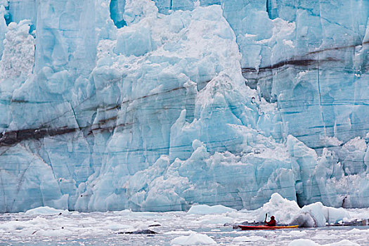 美国,阿拉斯加,冰河湾国家公园,皮划艇手,靠近,冰河,画廊