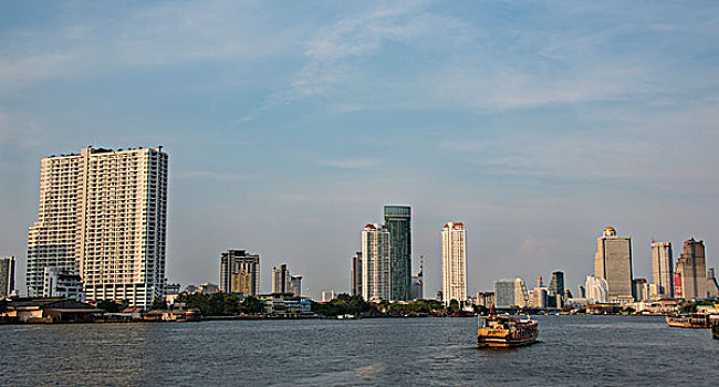 天际线,船,湄南河,摩天大楼,曼谷,泰国,亚洲
